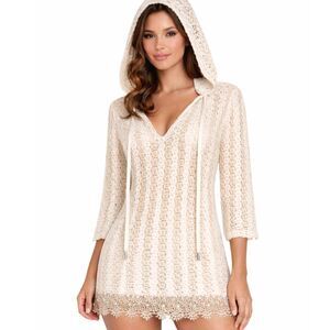 Solitaire Swim Ivory Matel Silk & Crochet Lace Hooded Boho Tunic Cover-Up/Small